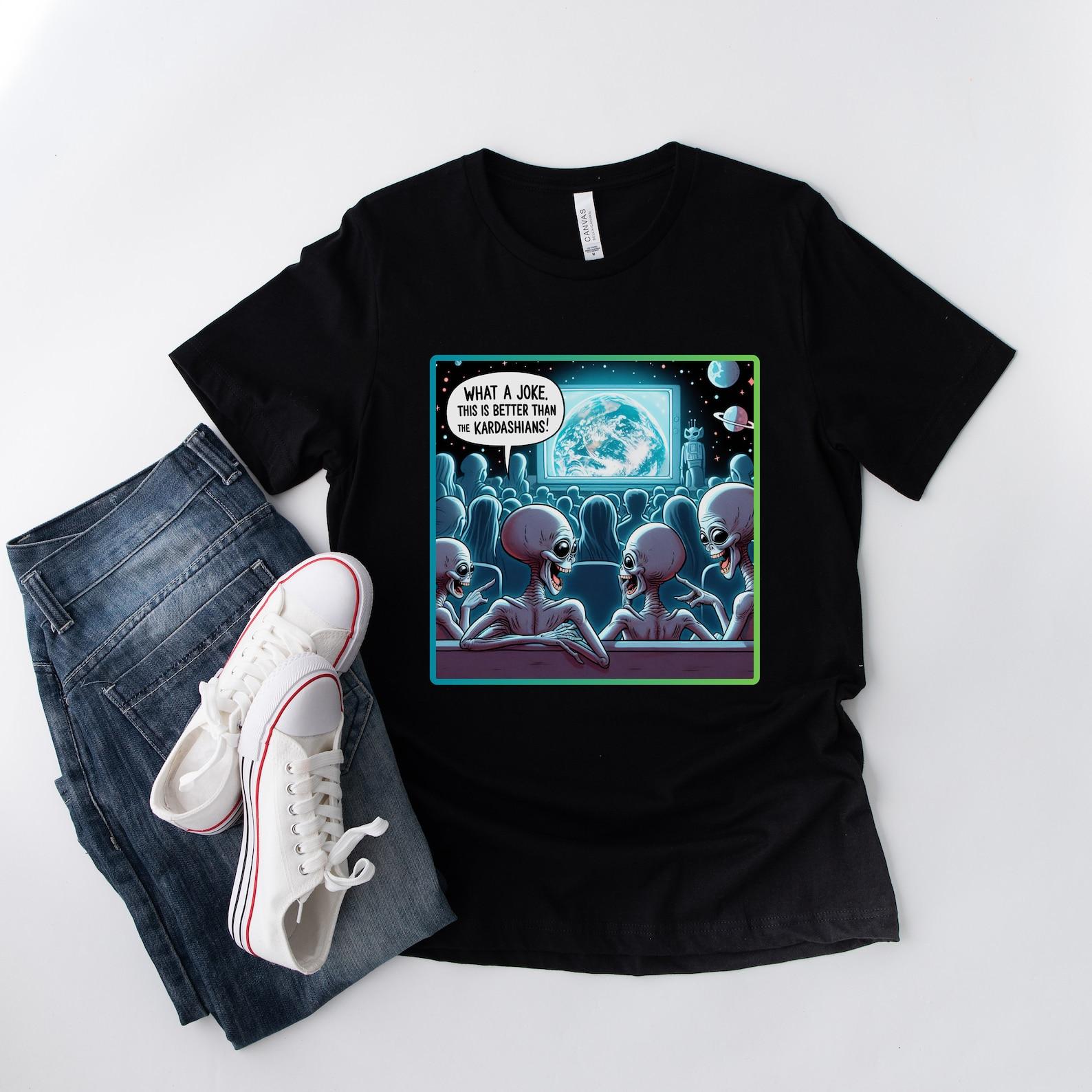 Funny Alien Watching Earth T-Shirt: Sarcastic Joke Tee S