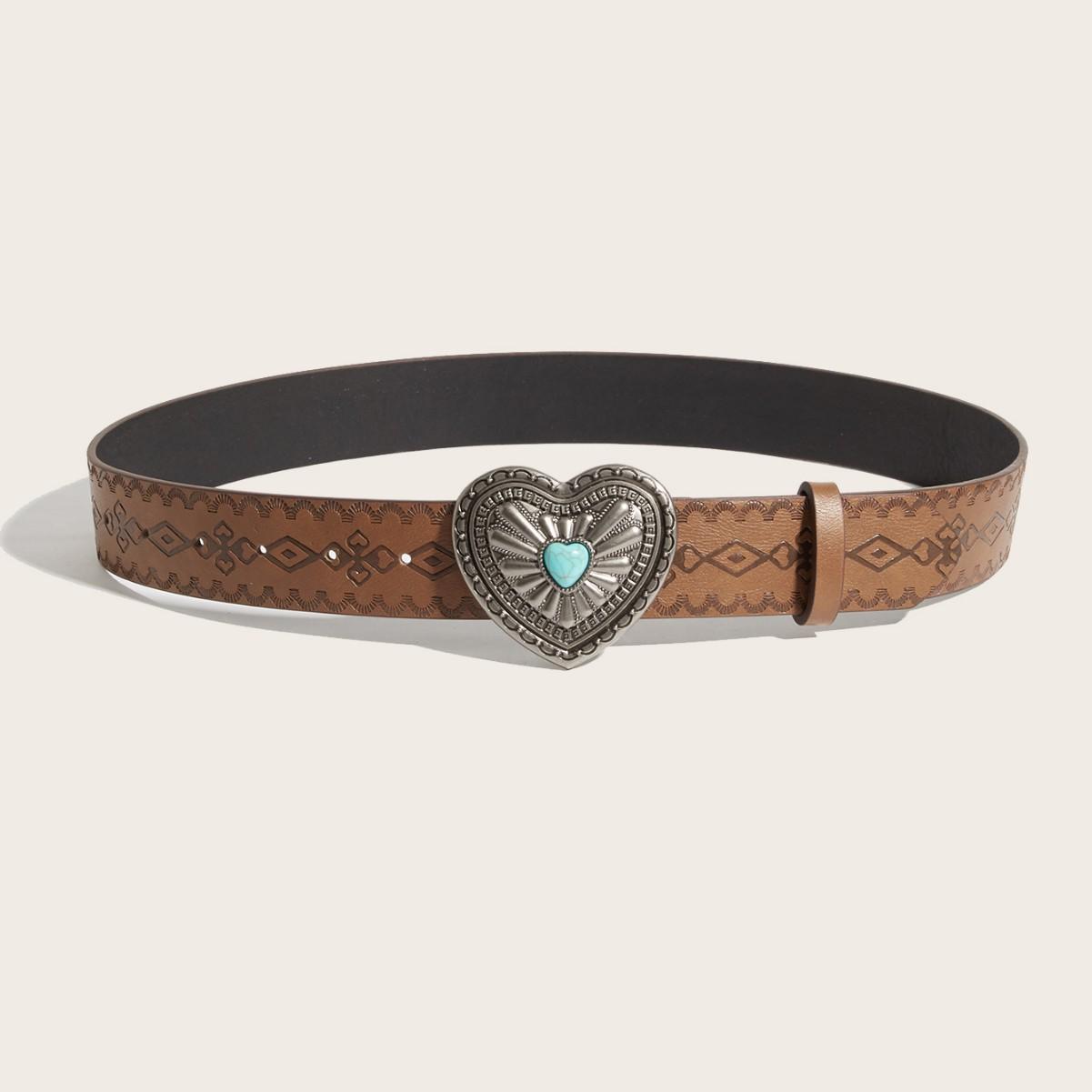 

European and American Style Spicy Girl Daily Brown Texture Heart Buckle Belt Printed Pattern Belt for Both Men and Women 105CM верблюд
