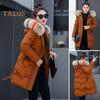 Winter Women Cotton Jacket with Furry Hood Neck Protection Pockets Mid Length Zipper Closure Padded Coat Solid Color Windproof Outwear Parka