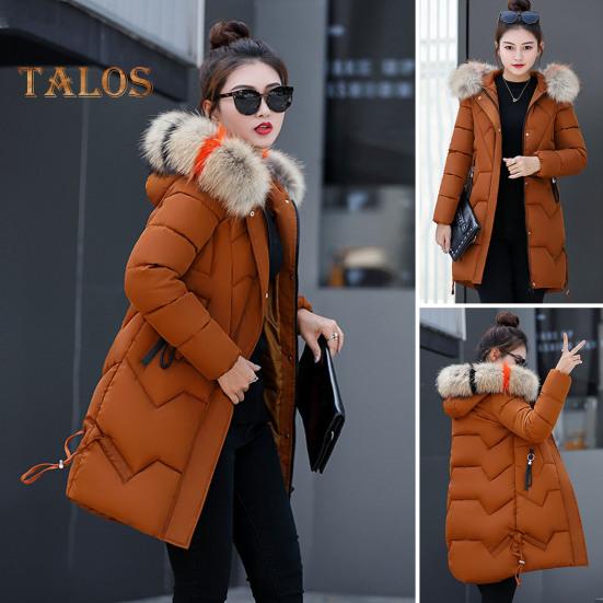Winter Women Cotton Jacket with Furry Hood Neck Protection Pockets Mid Length Zipper Closure Padded Coat Solid Color Windproof Outwear Parka