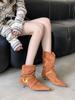 2025 autumn and winter new square head thin heel high heel temperament French fashion women's short boots suede metal decorative medium boots