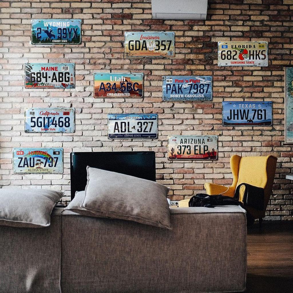 12 Pieces Vintage State License Plates for Decoration Tin Signs Vintage US State Number Tags Metal Automotive Sign for Man Cave Garage Bar Home Wall
