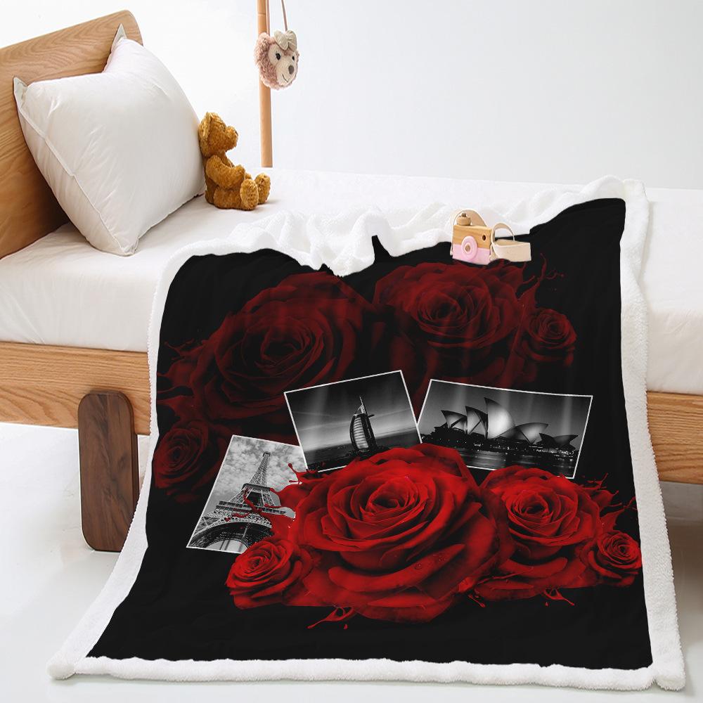 Valentine's Day Rose 2D Digital Printing Thickened Lamb Fleece Crystal Fleece Blanket One Piece Blanket