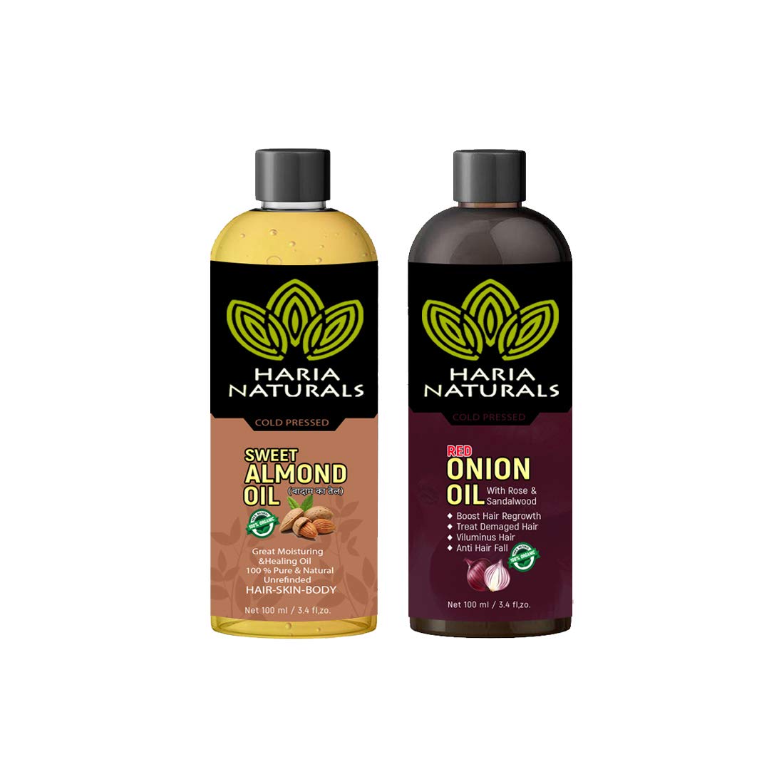 Haria Naturals 100% Cold Pressed Sweet Almond Oil & Red Onion Oil 100 ml Hair Oil (Combo Pack of 2 Bottles) 200 ml