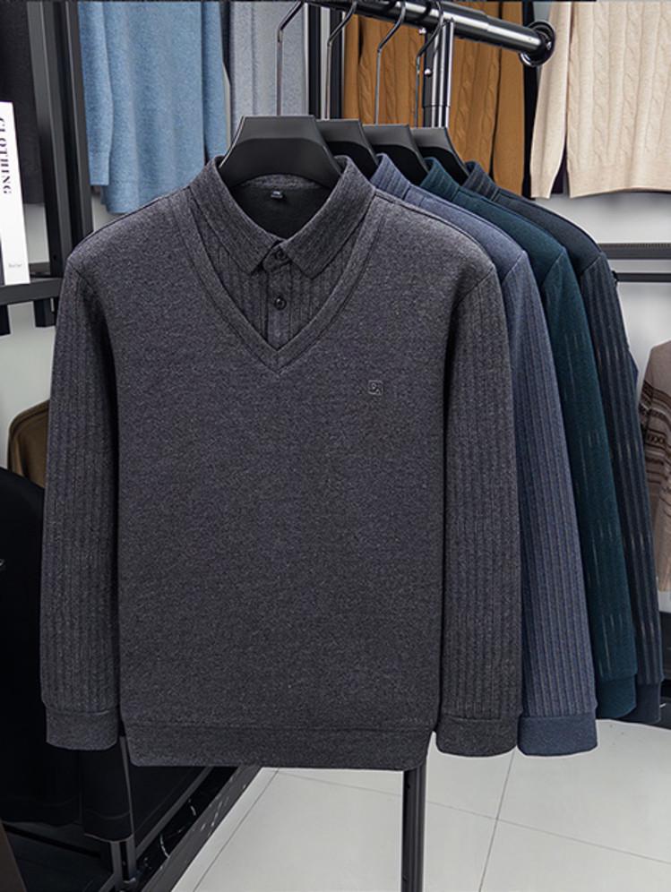2025 Men's Winter Long Sleeve Lapel Knitwear - Thickened Two-Piece Style, Plus Velvet, Warm Base Layer for Middle-Aged Fathers