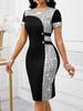 Plus Size Elegant Sequin Bodycon Evening Gown - Round Neck, Short Sleeve