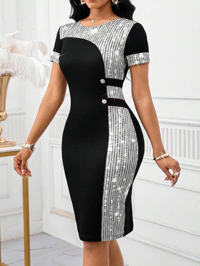 Plus Size Elegant Sequin Bodycon Evening Gown - Round Neck, Short Sleeve