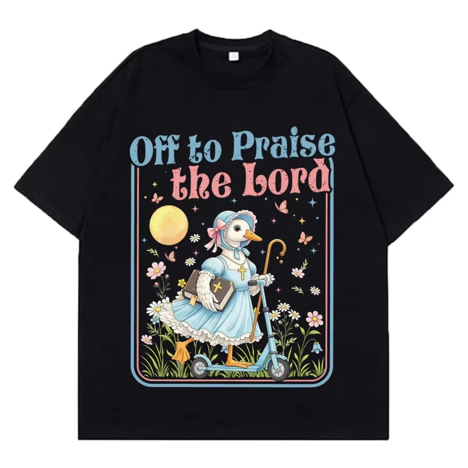 

Off To Praise The Lord Funny Goose Christian Meme Tshirt Men Women Short-sleeved Fashion T-shirt Cotton Aesthetic Loose T-shirts S чёрный