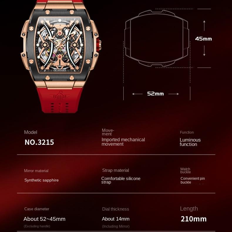 OUPINKE Zegarek Hollow Barrel Mechaniczny zegarek Moda Silikon Wodoodporny Męski zegarek Męski zegarek