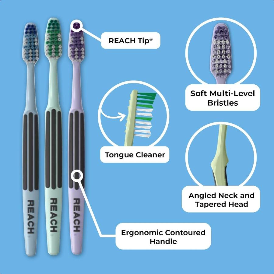 

Reach Advanced Design Toothbrush with Toothbrush Cap Angled Neck Soft BiLevel Bristles Contoured Handle Tongue Scraper 6 Count United States