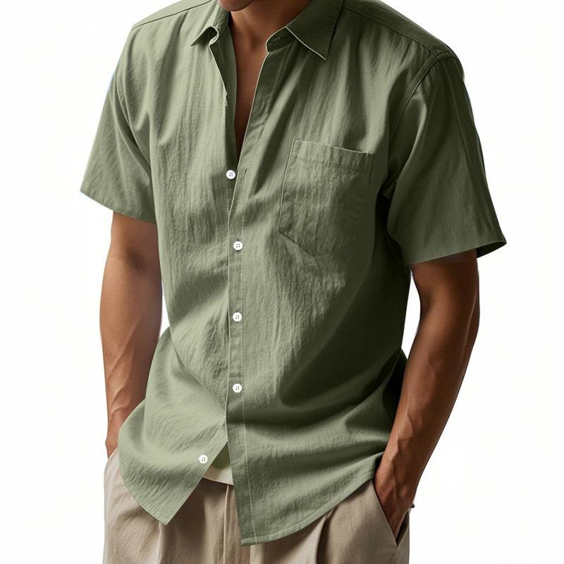 New solid color linen shirt short-sleeved men's lapel loose casual pocket shirt men's summer