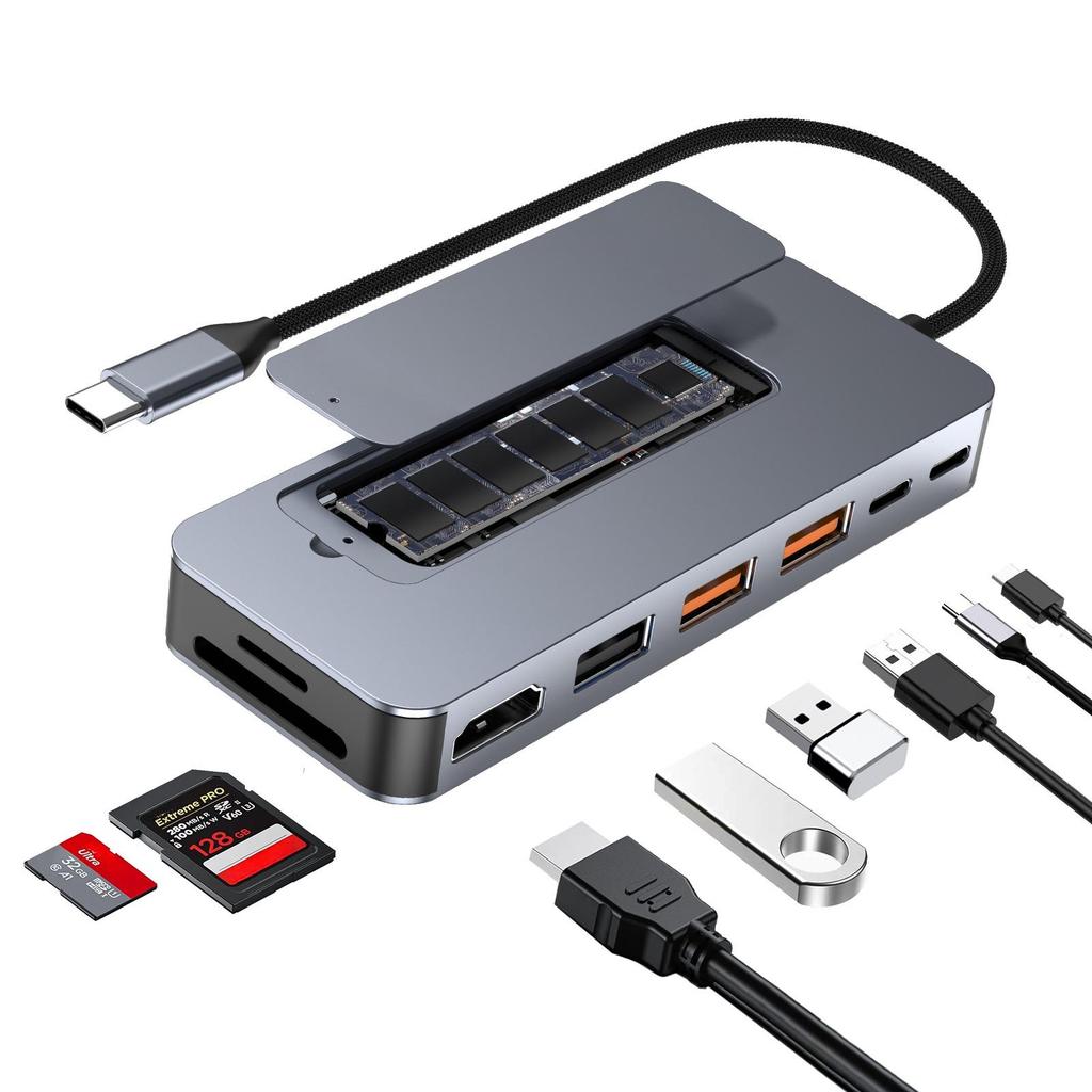 USB-C Hub mit M.2 SSD-Gehäuse, 9-in-1 USB-C Dockingstation passend für M.2 NVMe SSD, 10 Gbit/s, 4K@60Hz HDMI, 100W PD, SD/TF-Kartenleser