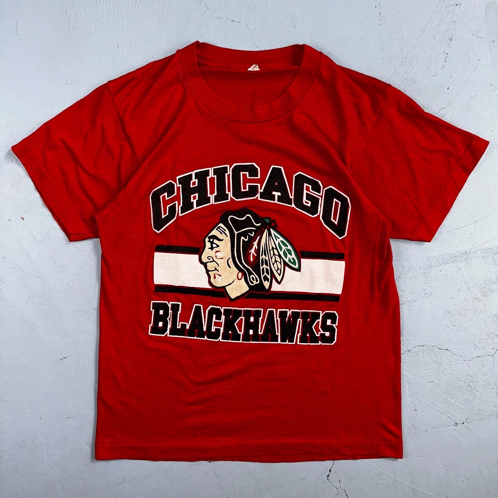 Chicago Blackhawks 1980s VTG T Shirt Single Stitch Red Screen Stars Medium 80s XL