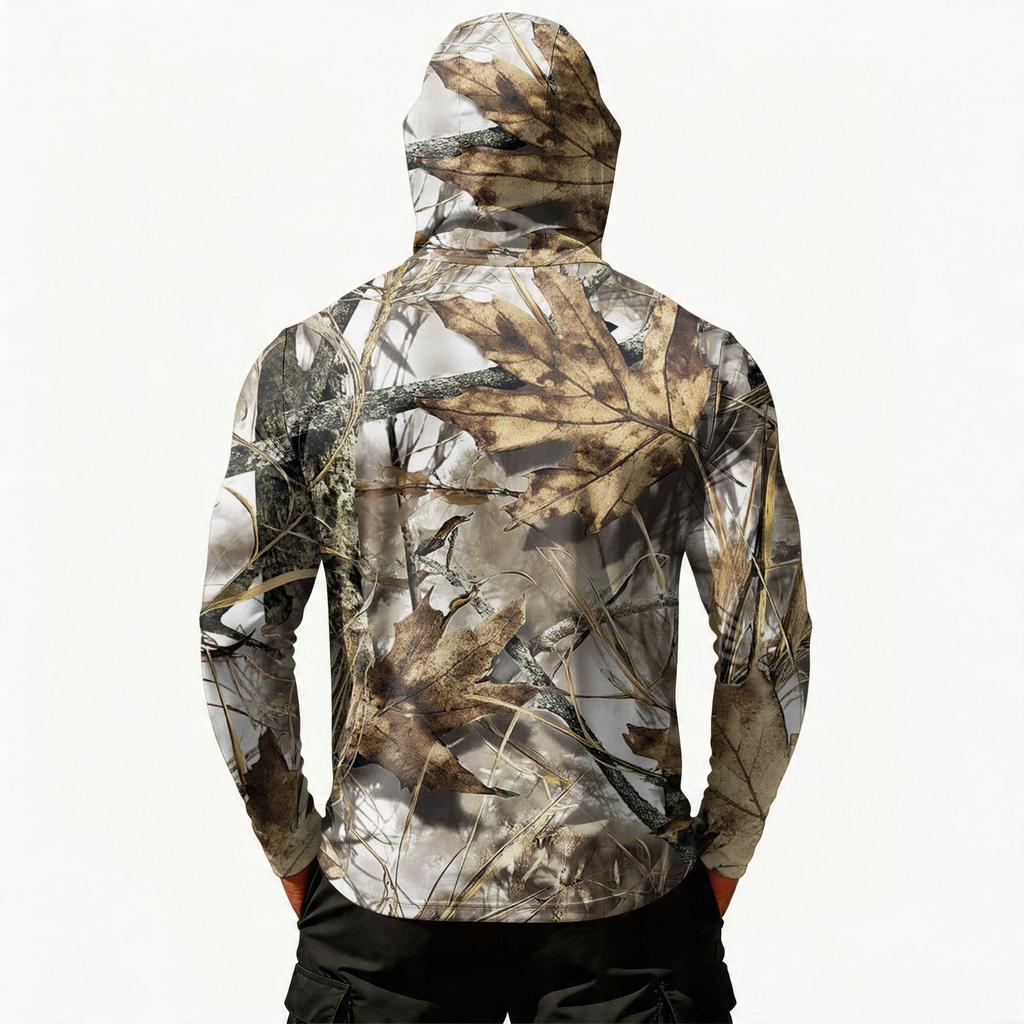 Men's Casual Leaf Camouflage Print Hooded Long Sleeve Sun Protection Shirt Lightweight Breathable Outdoor Activewear Top for Hiking Fishing
