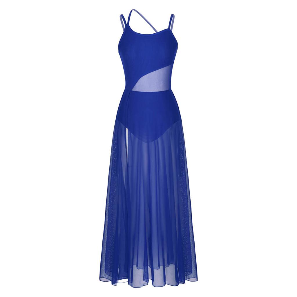 Dance Costume Practice Wear Mesh Splice Asymmetrical Mesh Maxi Dance Dress with Built-In Leotard