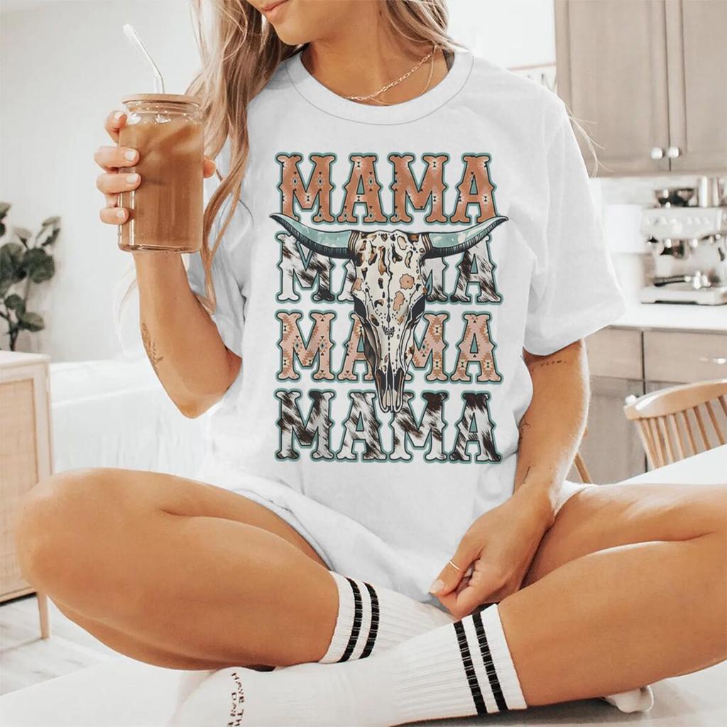 Cowboy Style Mama Print Women T Shirts Fashion Short Sleeve Crewneck Mommy Streetwear Vintage Mothers Day Tshirts Gifts