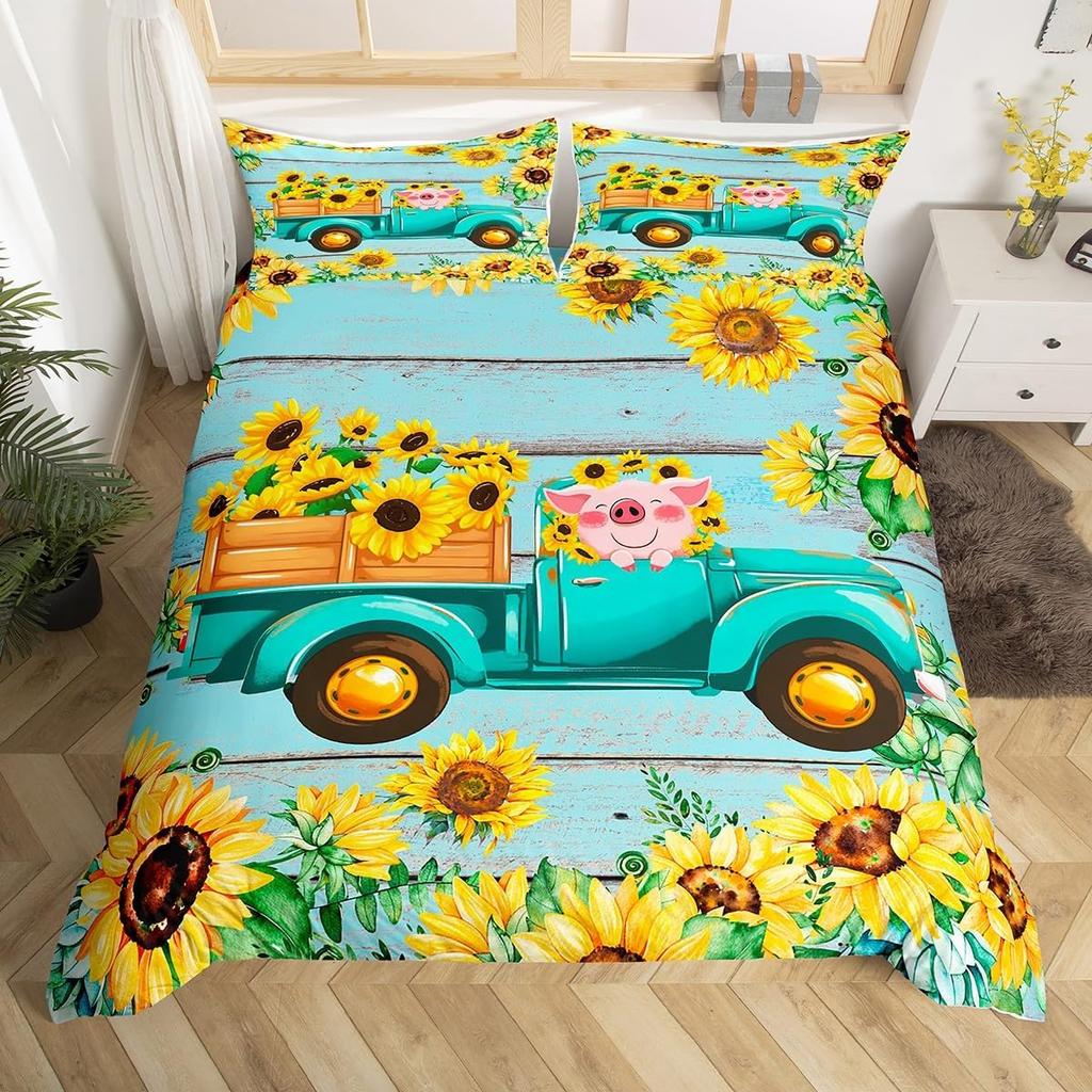 Cute Pig Duvet Cover Set Rose Flower Princess Bedding Set,Girls Women Room Decor,Cartoon Livestock Animal Rustic Comforter Cover