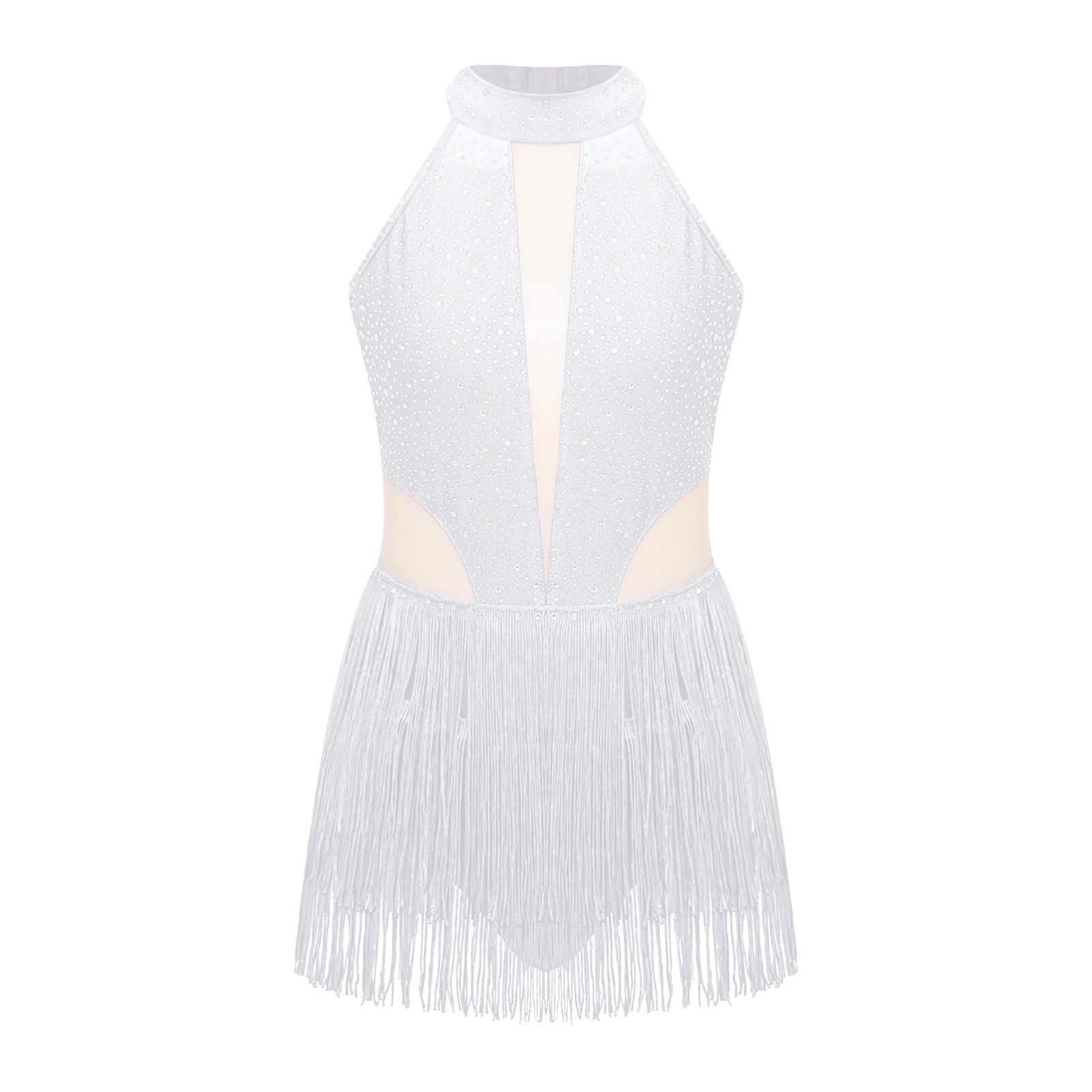

Дівчачий танцювальний боді зі стразами без рукавів, дизайн з відкритою спиною та бахромою для латиноамериканських сценічних виступів та змагань 7-8 Years білий