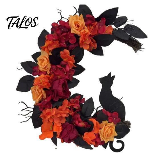 Halloween Wreath for Front Door Black Cat Moon Wreath, Gothic Crescent with Artificial Fall Rose Flowers Home Porch Wall Decor Floral