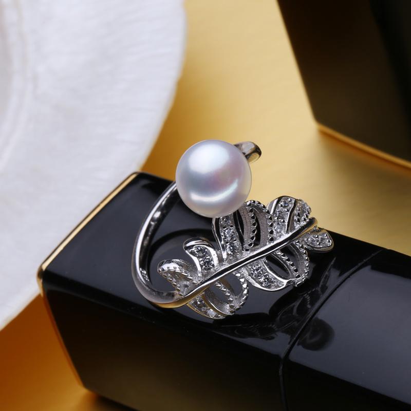 LSOOYH Blatt-natürliche Süßwasserperlen-Ringe für Frauen, zierlicher Bohemia-Zirkonia-verstellbarer Ring