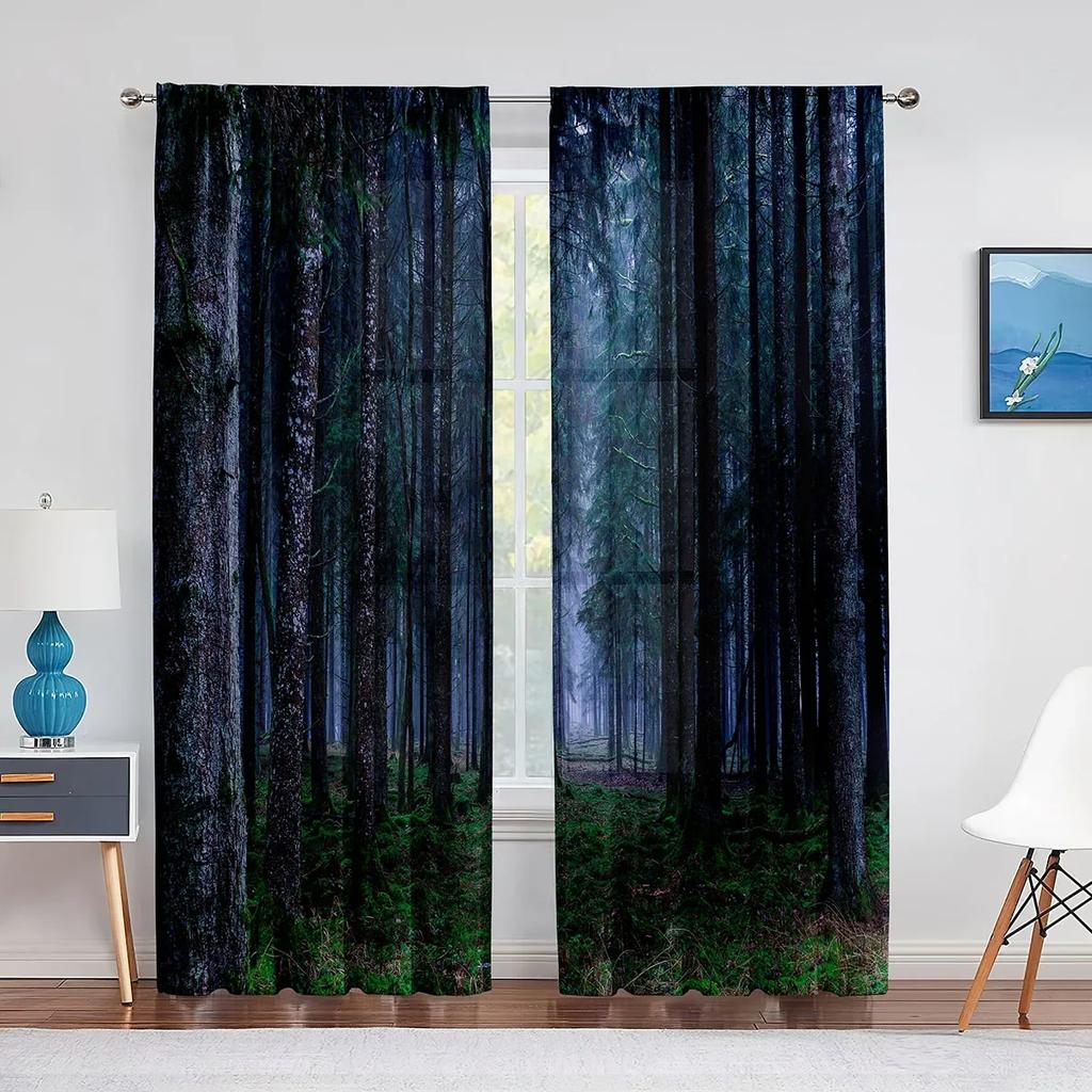 3D Woodland Forest Foliage Sunbeams Nature View Curtains for Living Room Bedroom Kitchen Decor Sheer Curtains Window 2pcs Cortin