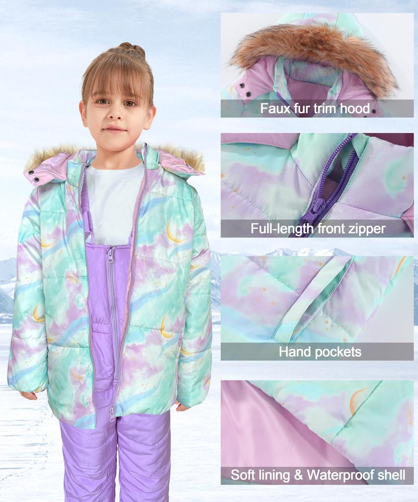 Hiheart Haine de Snowboard și Schi și Salopete și Perfect pentru Zăpadă Set Mărimea 130 pentru Copii, Haine Sport pentru Copii, Pantaloni de Exterior, Joacă, Verde/Mov,