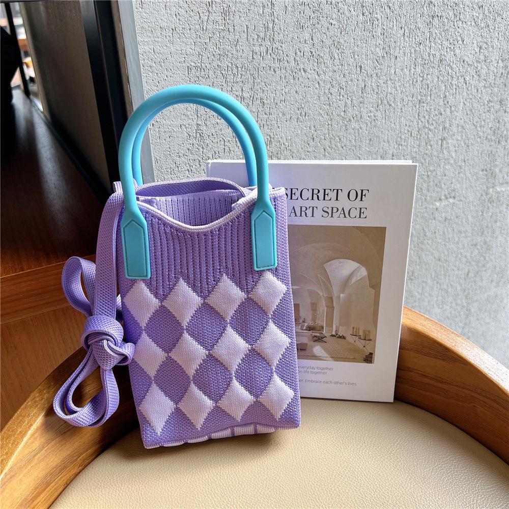 Plaid Cartoon Women's Crossbody Mini Bag: Cute, Lightweight, Knitted Phone Holder for Parent-Child Matching (2024)