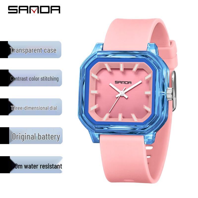 SANDA Summer Jelly Color Unisex Watch: Floating Scale, Silent Exam Feature, Detachable Strap, Quartz Movement.