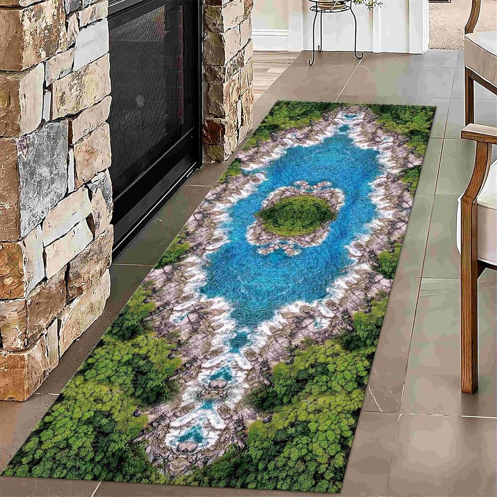 2D Forest Path Runner Rug Sunlit Woodland Floral Path Print Non-Slip Hallway Rug Nature Serene Botanical Garden Themed Floor Mat