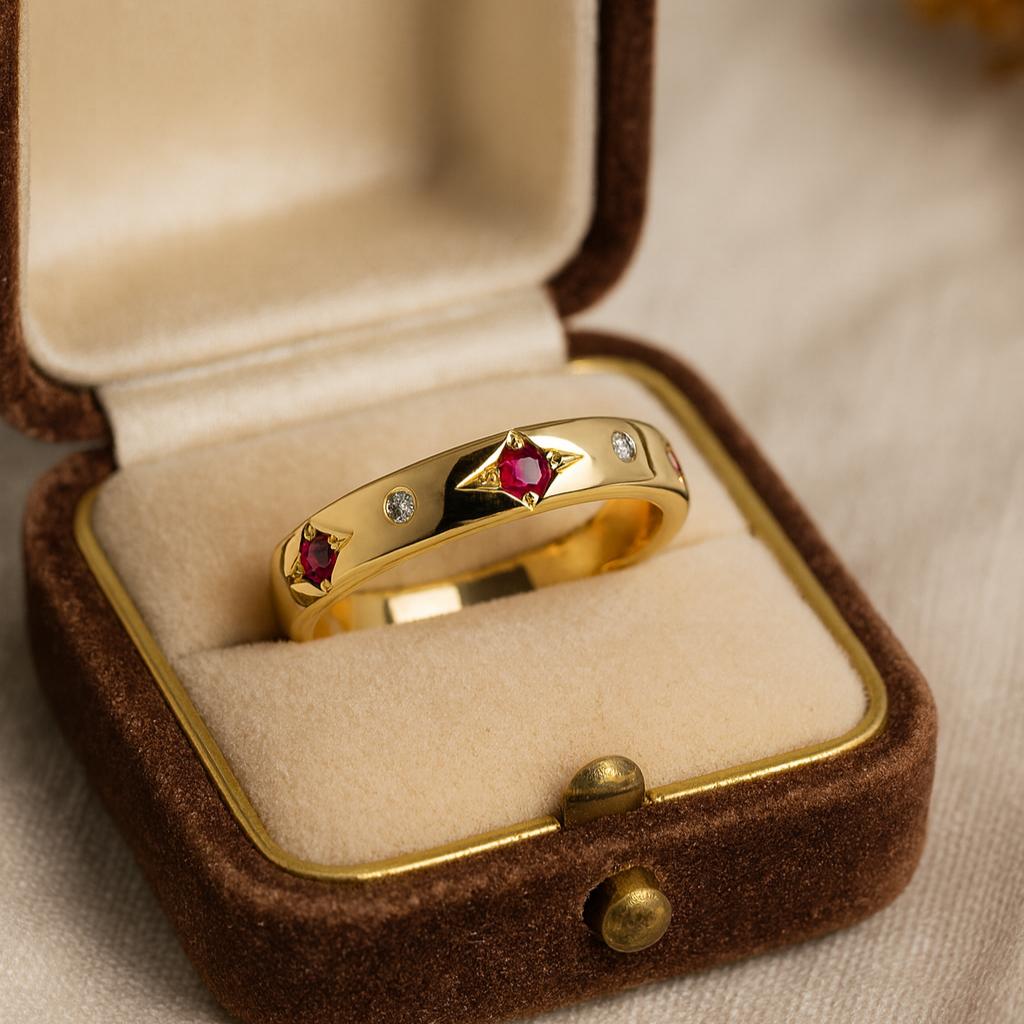 Wedding Engagement Anniversary Promise Gift – Yellow Gold Plated Ruby Wedding Band, Women’s Pave Pink Stone Minimalist Dainty Gold Ring