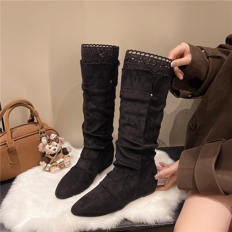 

Осень-Зима 2025 Сапоги-рыцари из замшевого ворса на танкетке, женские сапоги, облегающие сапоги средней высоты 40