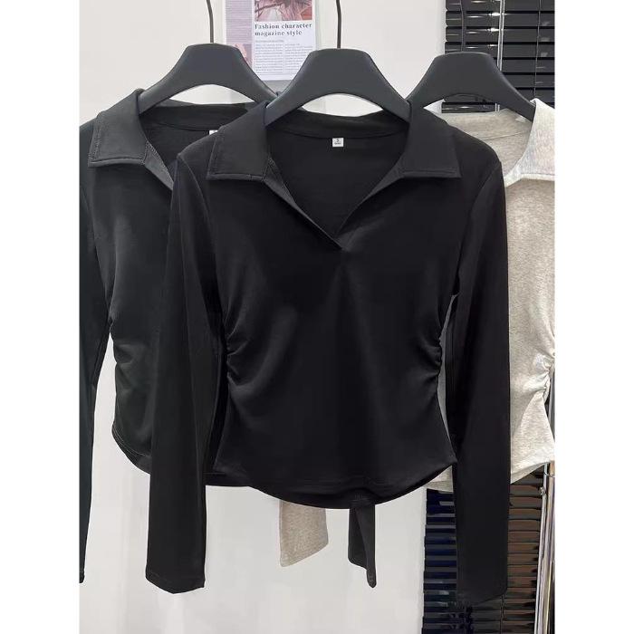 Retro Polo Lapel Long-sleeved T-shirt for Women Early Autumn New Design V-neck Slim Pleated Waist Bottoming Top