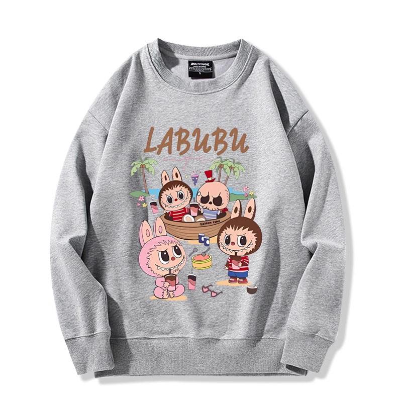 Retro cute cartoon Labubu printed loose round neck sweatshirt men's and women's winter new tops