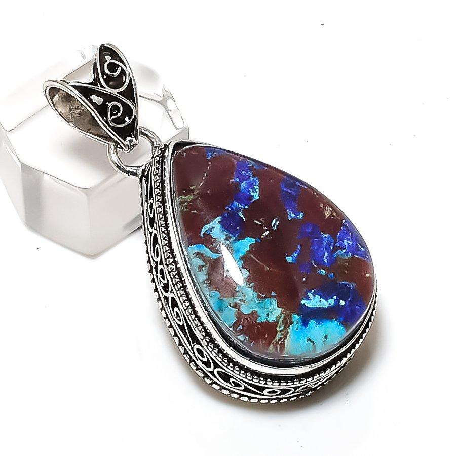Natural Chrysocolla Gemstone 925 Sterling Silver Jewelry Pendant 1.77" ETC-14618