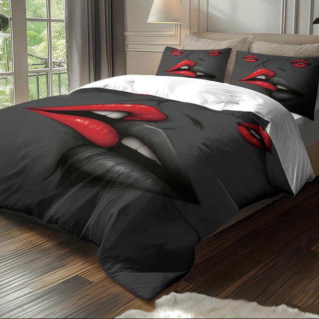3pcs Lips Pattern Printed Bedding Set,1 Quilt Cover+2 Pillowcase, Suitable for Couples and Adults Bedroom, Home Decoration
