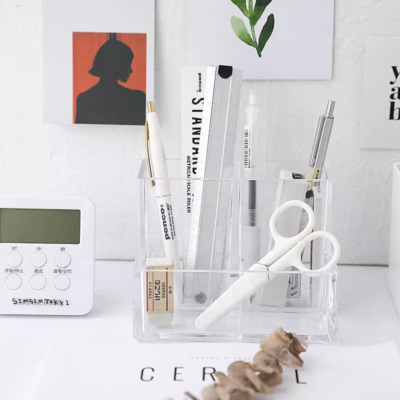 Transparent Three Grids Makeup Box Make Up Brush Bucket Cosmetic Organizer Student Desk Pen Container Storage Box