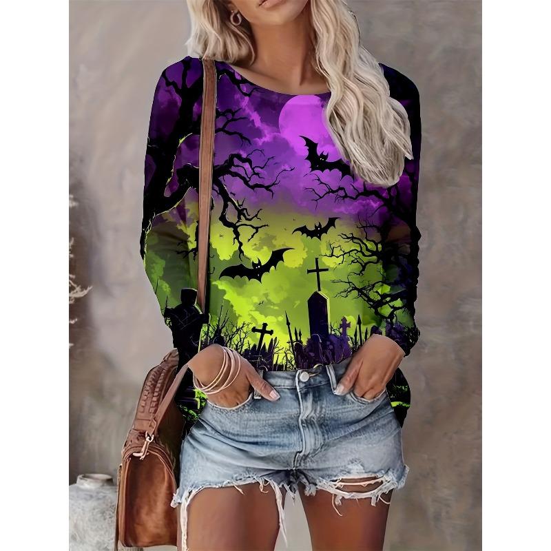 Women's Autumn and Winter 3D Printed Crew Neck Long Sleeve T-Shirt Fashion Versatile Trend Breathable Casual
