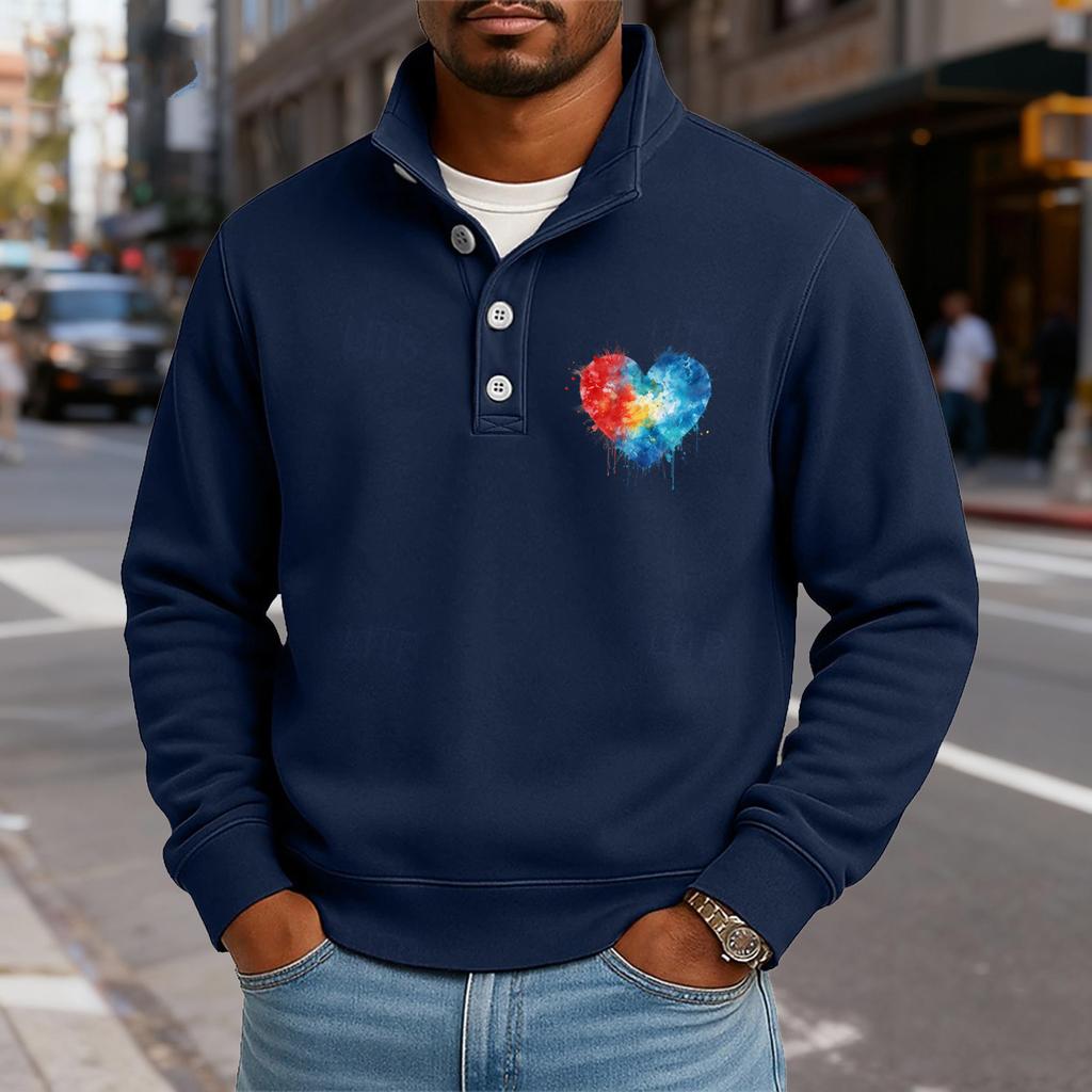 Men's Casual Stand-Up Collar Long-Sleeve Top Print Button-Down Sweatshirt