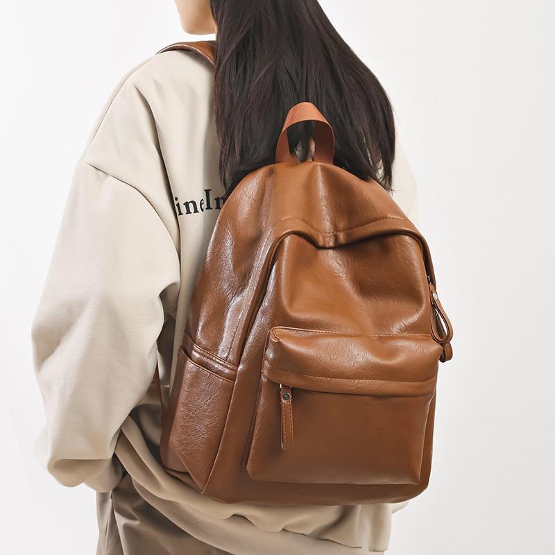 Leather Solid Color Retro Versatile Simple Backpack