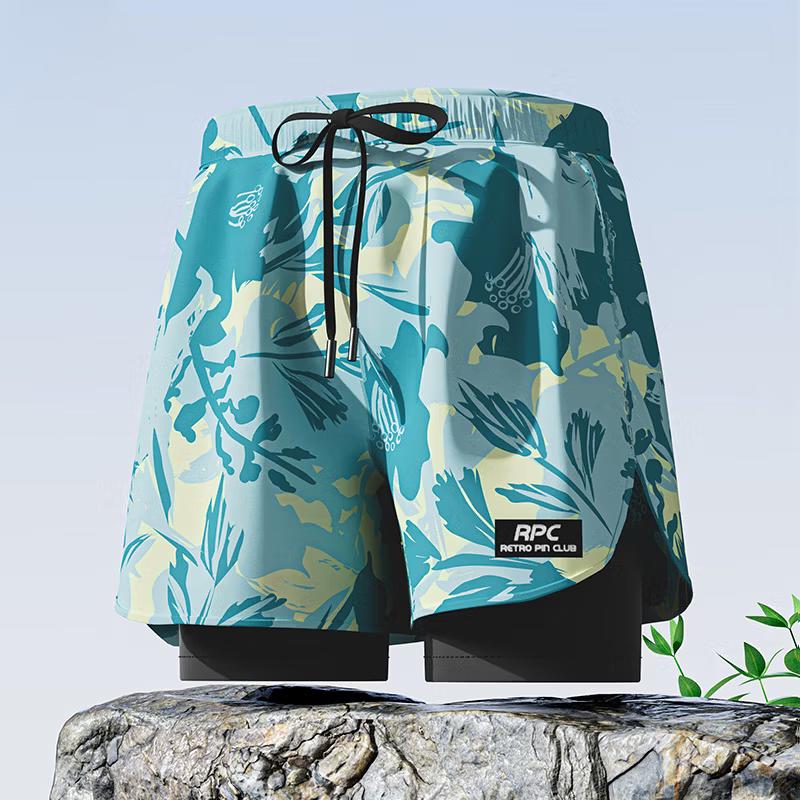 Men s Quick-Dry Anti-Embarrassment Swim Trunks - Fluorescent Green Print