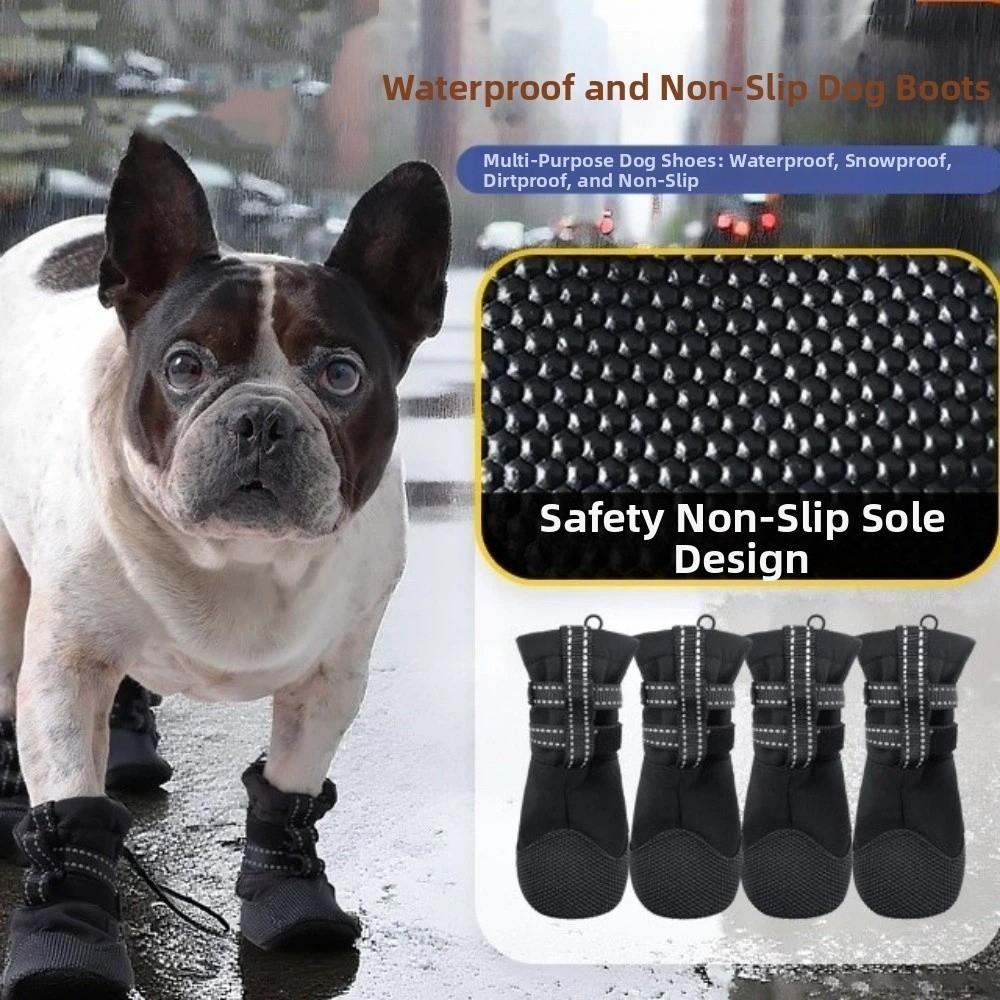 4pcs/set Reflective Waterproof Dog Shoes Double-Layer Breathable Anti-Slip Dog Boots Adjustable Wear Resistant Dog Foot Cover