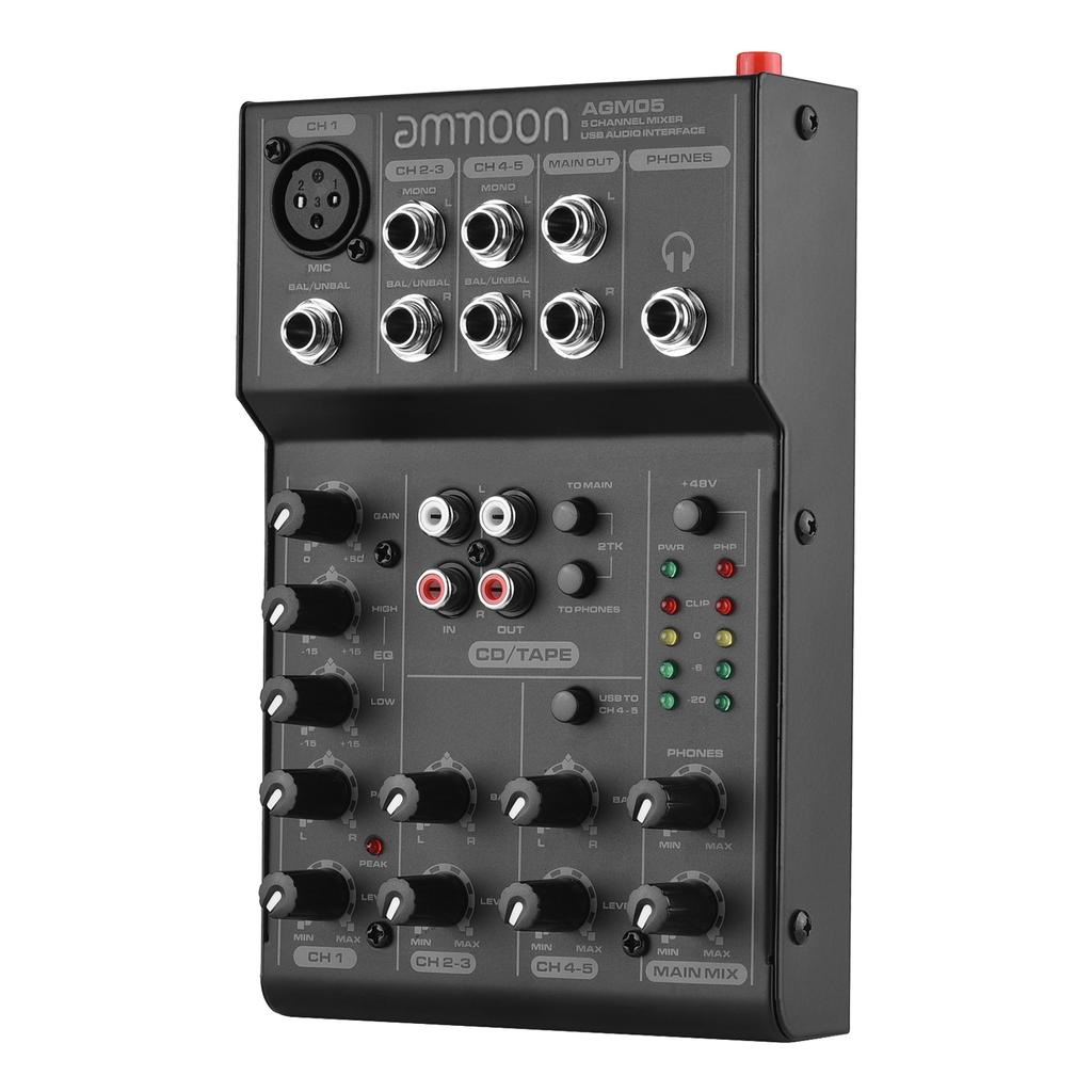 Ammoom AGM05 5-Channel Mini Mixer Mixing Console USB Audio Interface Plug-and-Play +48V Phantom