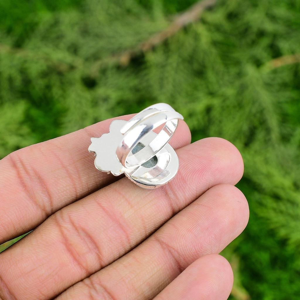 925 Sterling Silver Pear Larimar Gemstone Flower Art Deco Promise Sister Ring