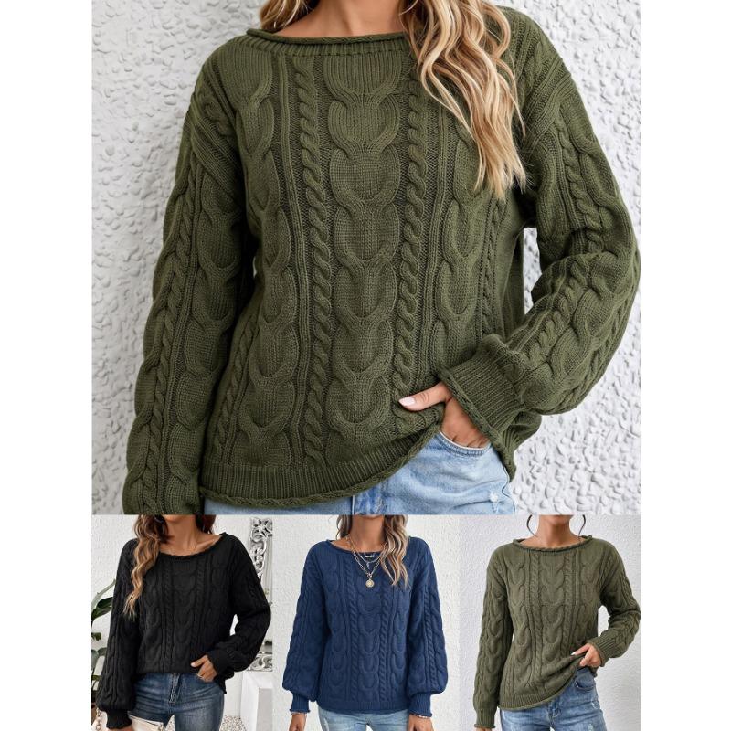 Women Casual Loose Off Shoulder Long Sleeve Cable Knit Pullover Sweater