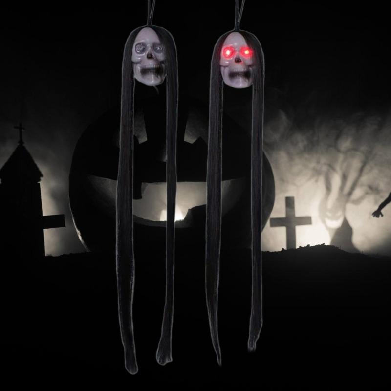 Hanging Skull Halloween Indoor Decoration Spooky Glowing Long Hair Skull Festival Glowing Skull  Room Decors 6PCS