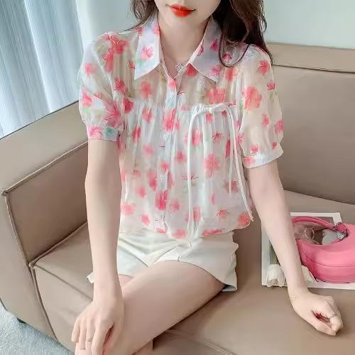 Women's Floral Shirt Short Sleeved Shirt Summer Top Suit Collar Design Sense Niche Base Shirt