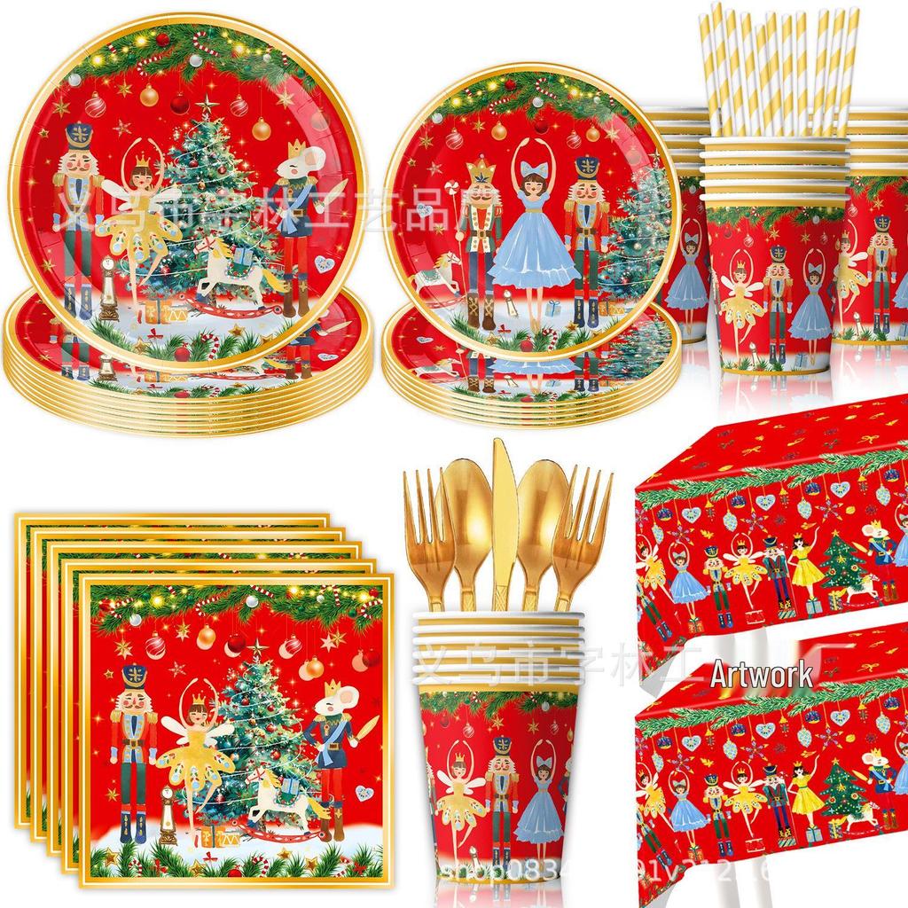 Christmas Theme Children's Party Disposable Tableware Set: Cups, Napkins, Tablecloth, Flags