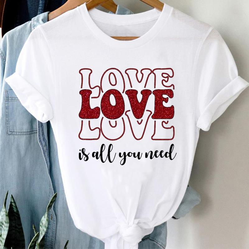(European Size)  90s Print Women Love Trend Style Cute Lady Short Sleeve Tee Top Clothing Casual Fashion Tshirt Female Graphic T-shirt