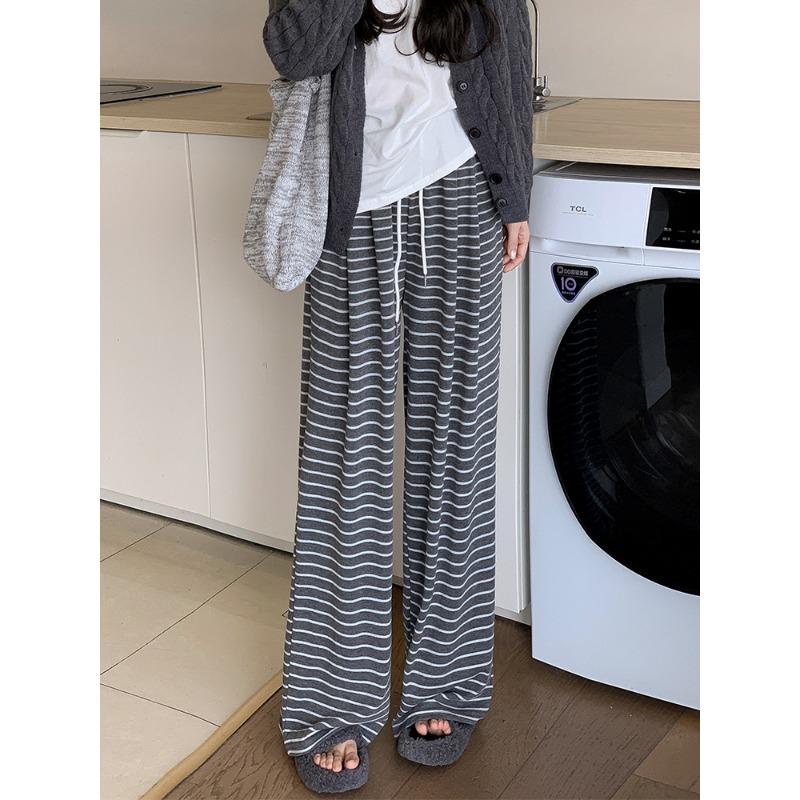 Striped Glutinous Rice Pants for Women In Autumn and Winter Style, High Waist, Slimming, Draped Wide-leg Straight Floor-moving Casual Trousers
