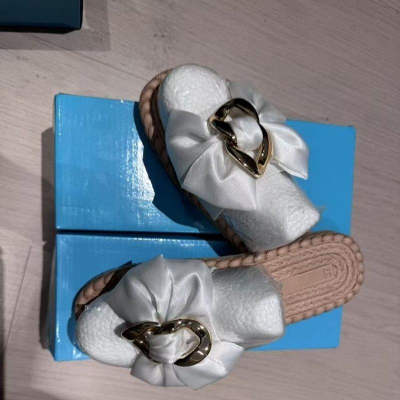 Summer New Round Toe Shallow Mouth Open Toe Metal Buckle Bow Soft Sole Anti-slip Wear-resistant Flat Sandals